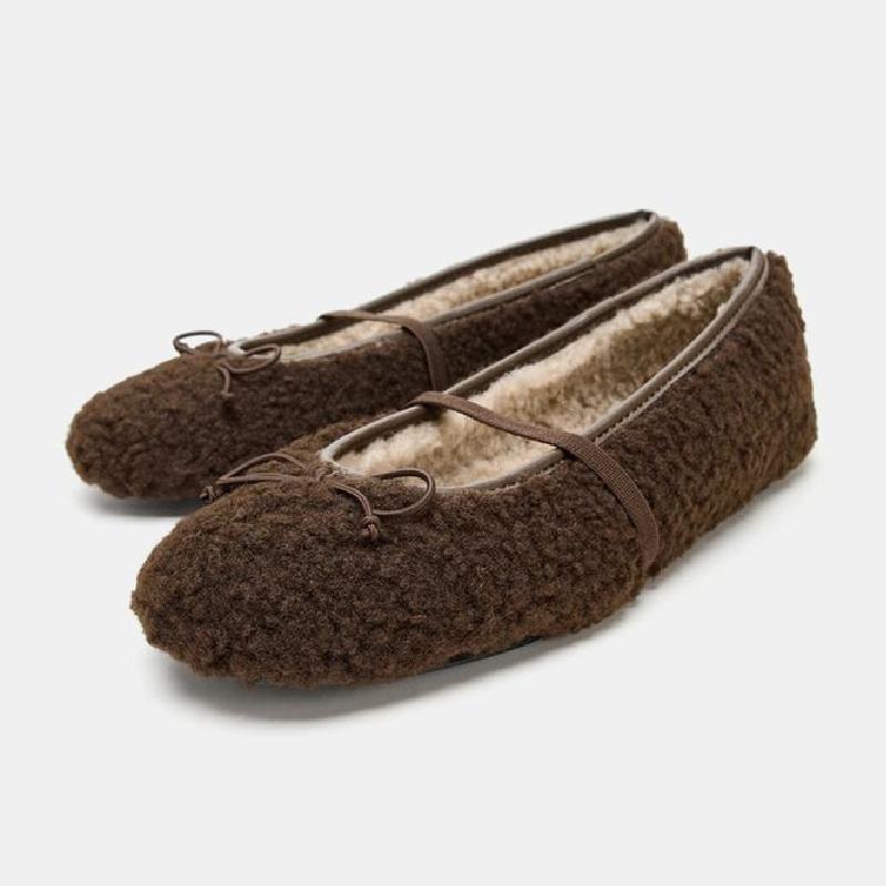 

Ретро Коричневі Плюшеві Балетки Жіночі Розкішні з Бантом Еластична Стрічка Дизайн Мери Джейн Взуття Осінь Зима Теплі Пухнасті Пласкі Бавовняні Туфлі 35