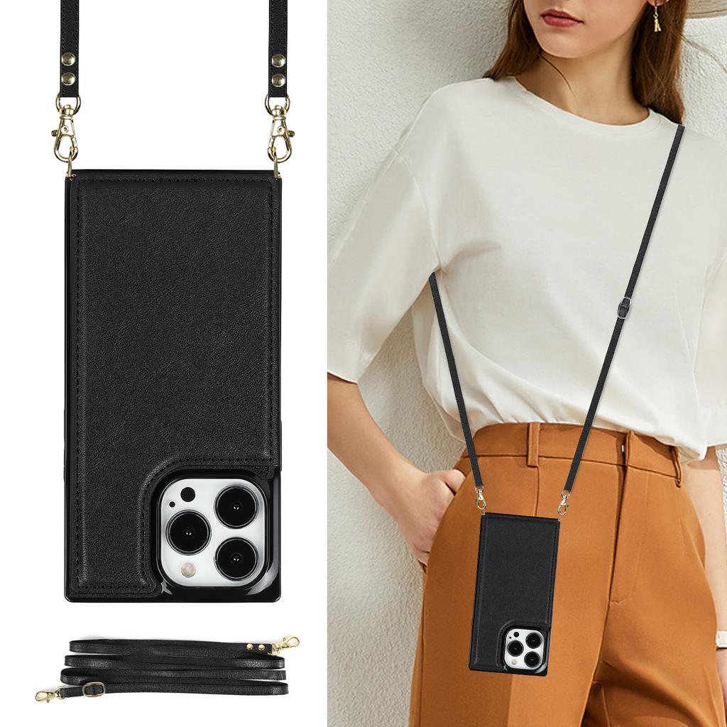 For iPhone 15 Pro Max RFID Blocking Card Holder Kickstand Cover Anti-drop Phone Case with Shoulder Strap
