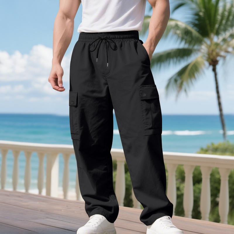 Men Winter Spring Cargo Pants with Multi Pockets Elastic Waist Straight Loose Street Style Sport Trousers