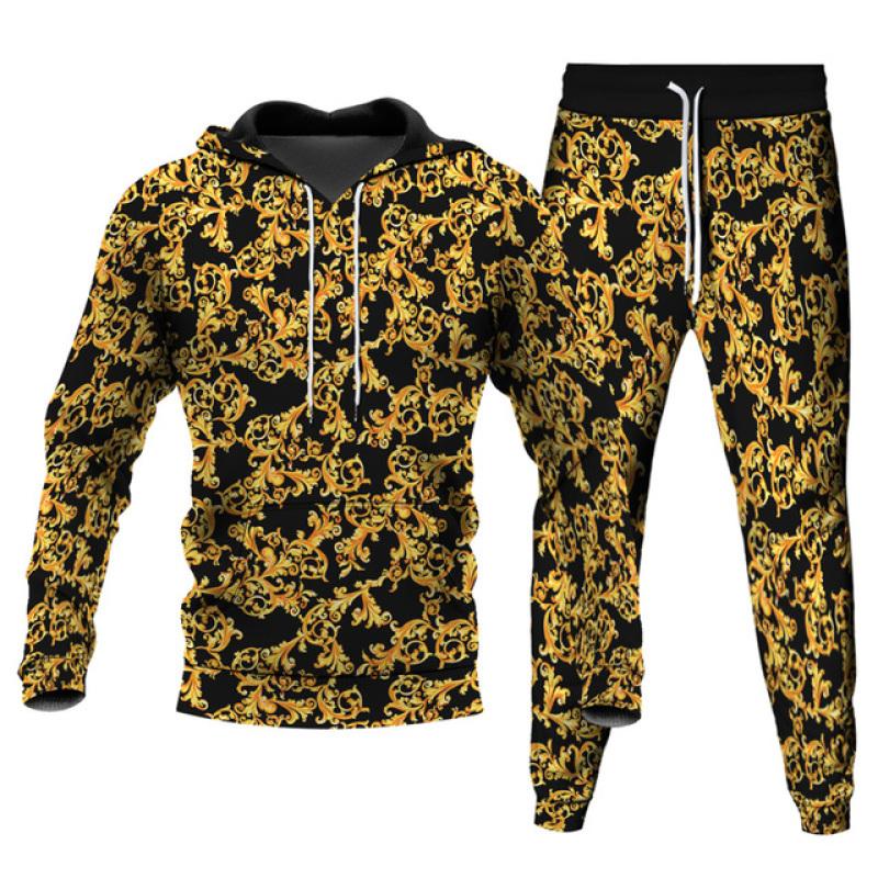 Men's 2 Piece Sets Oversized Hoodies Long Pants Fashion Tracksuit Streetwear 3D Leopard Gold Chain Printed Unisex Clothing S-6XL
