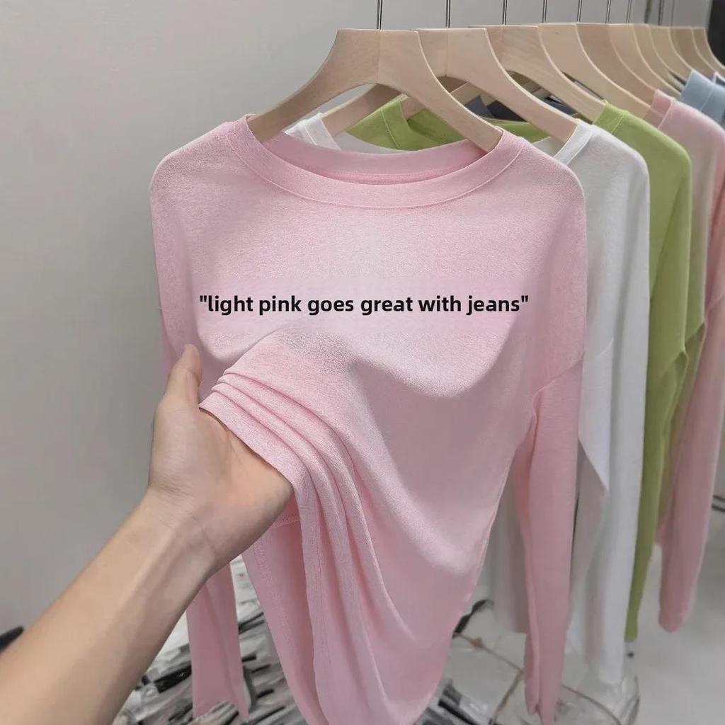 Dámská letní halenka ze síťoviny z ledového hedvábí, tenké vzdušné tričko s dlouhým rukávem, růžové