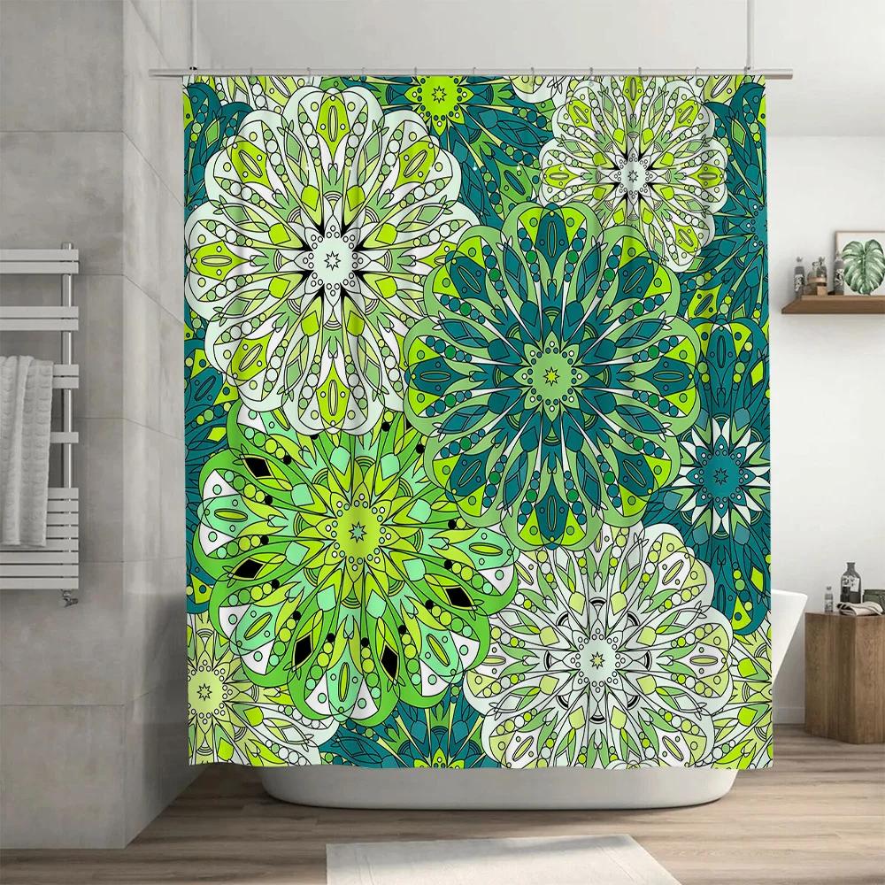 Green Mandala Bath Curtain Decorative Shower Curtain with White Bathtub in Bathroom Accessories Set for Home Decoration Size69 x