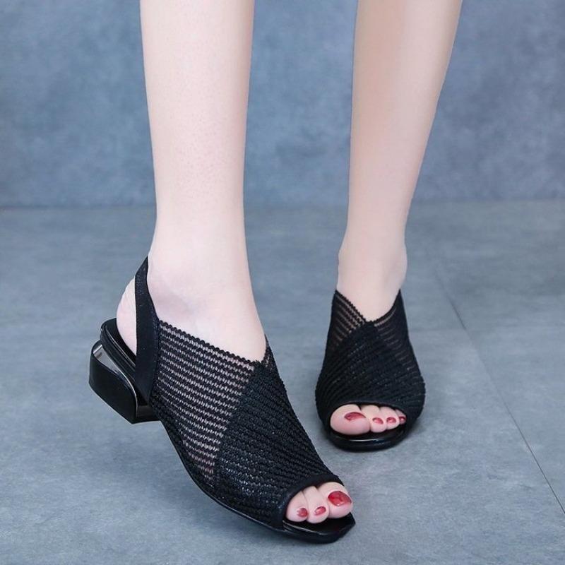 Chunk-heeled Women's Shoes Fish-mouth Breathable Sandals Plus-size Shoes