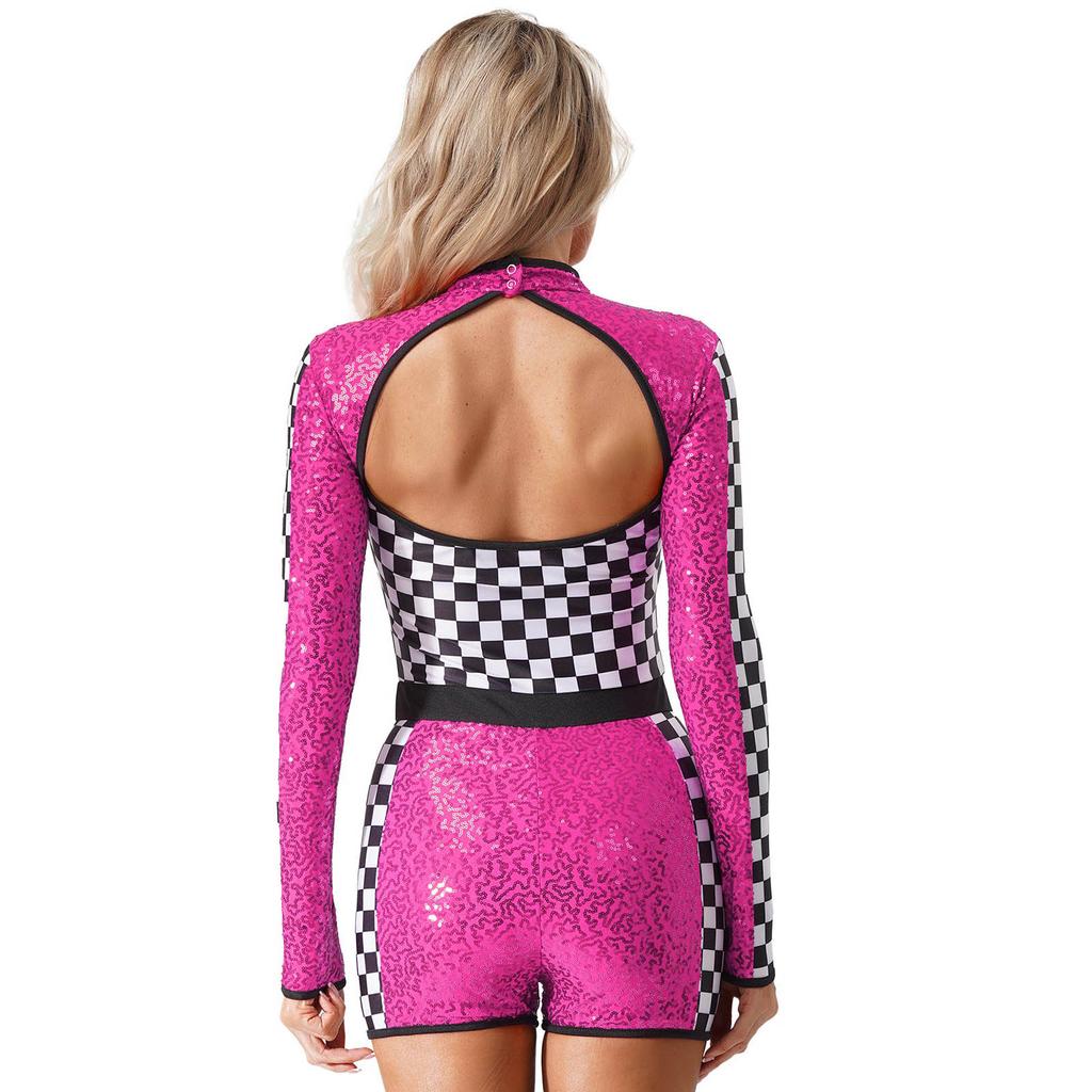 Damen glitzernder pailletten karierter Patchwork Rennfahrer Overall
