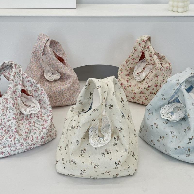 Cute floral handheld canvas bag, office miscellaneous items, small handbag, summer handbag, women's wrist bag