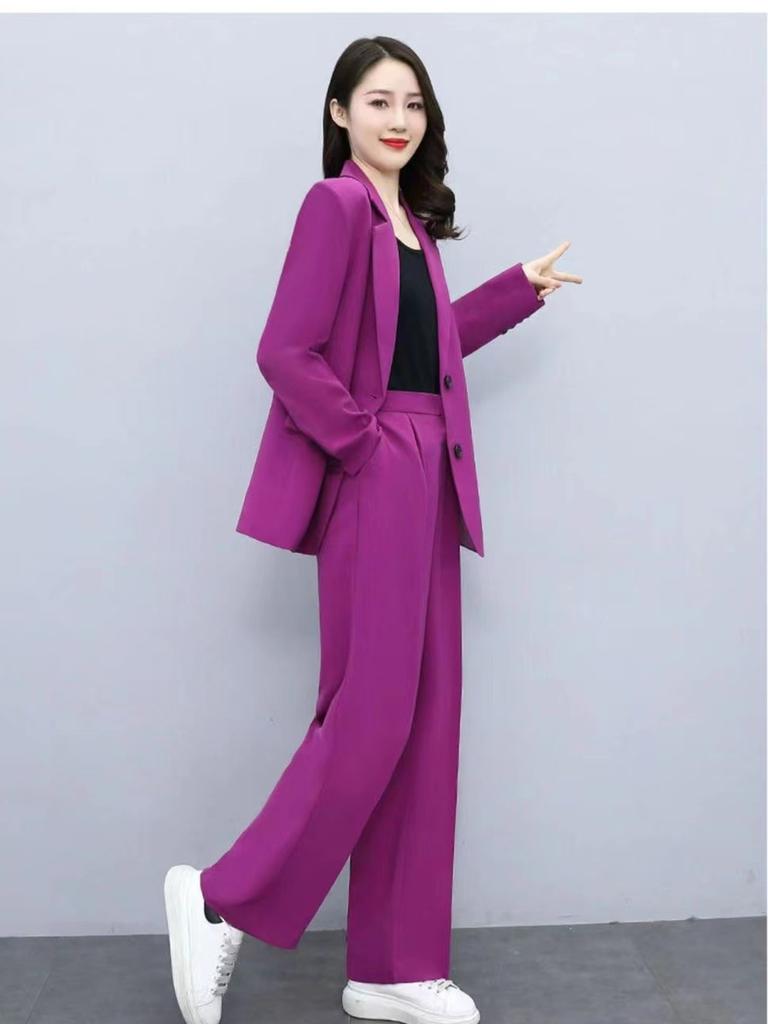 Frühling/Herbst Neuer Stil Set Business-Lady-Stil Schlank geschnitten Langarm-Blazer Weitbeinige Hose Damen Zweiteiliger Anzug