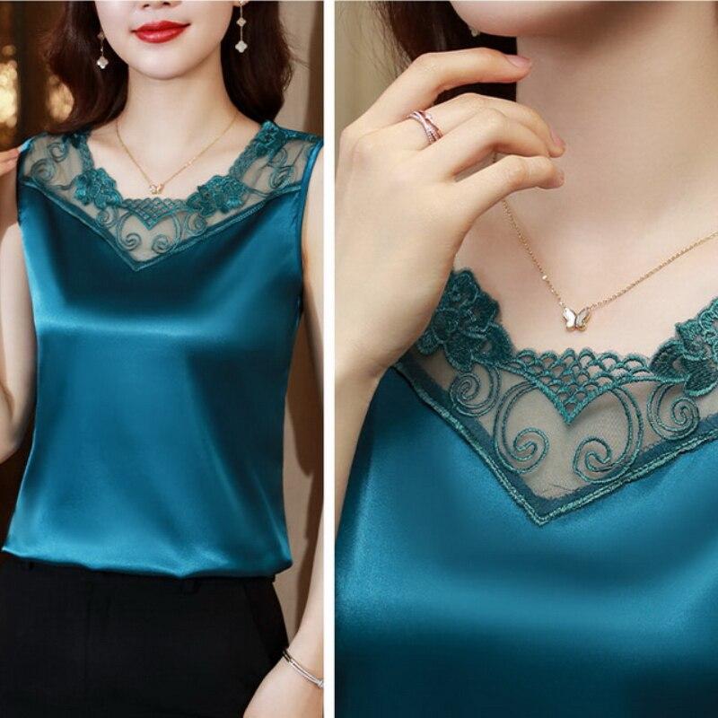 Summer Sleeveless Loose Silk Shirt Elegant Office Lady Tops Casual Clothes Fashion Lace Embroidery Satin Blouse For Women 25219