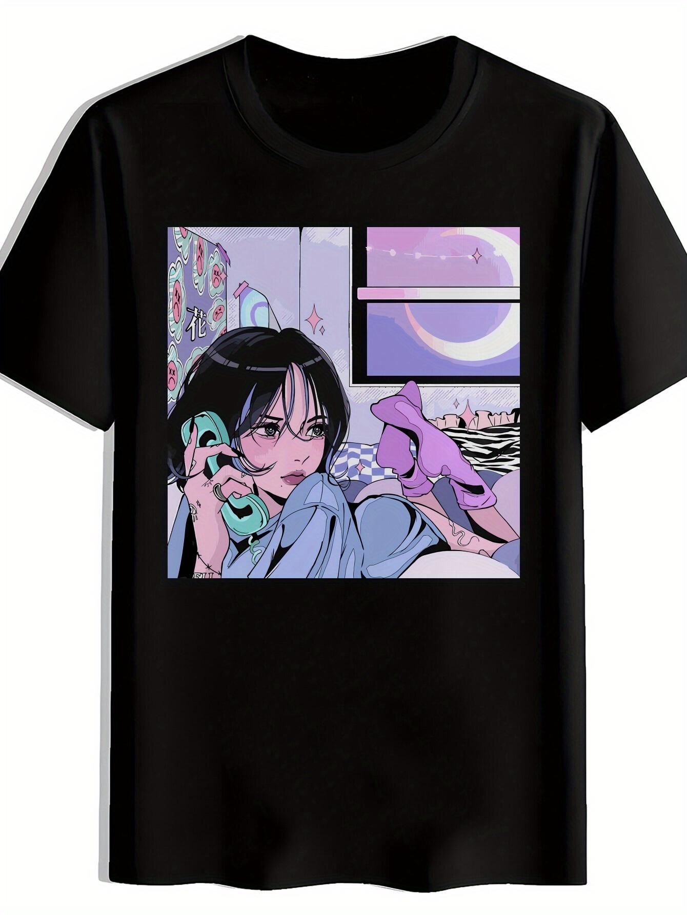 Casual Short Sleeve T-shirt with Japanese-Inspired Graphic Print - Vibrant Anime-Style Design XXXL