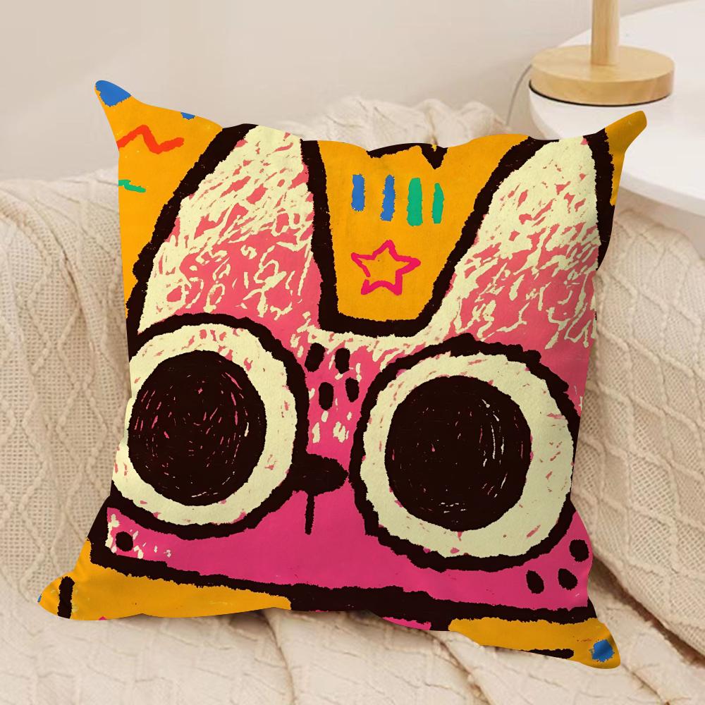 Art Dopamine Doodle Cat Cushion Cover Silky Short Plush Invisible Zipper Dustproof Sofa Pillow Case For Home Decor