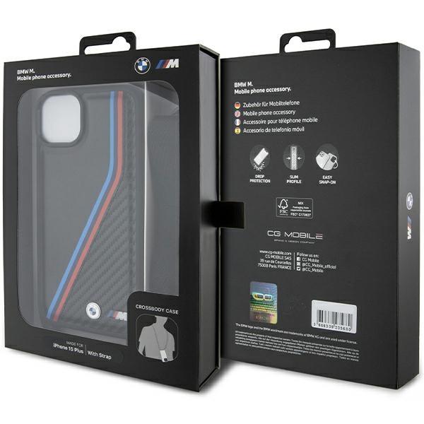 Bmw Bmhcp15S23Psvtk Iphone 15 / 14 / 13 Czarny/Black Hardcase M Edition Carbon Tricolor Lines & Strap