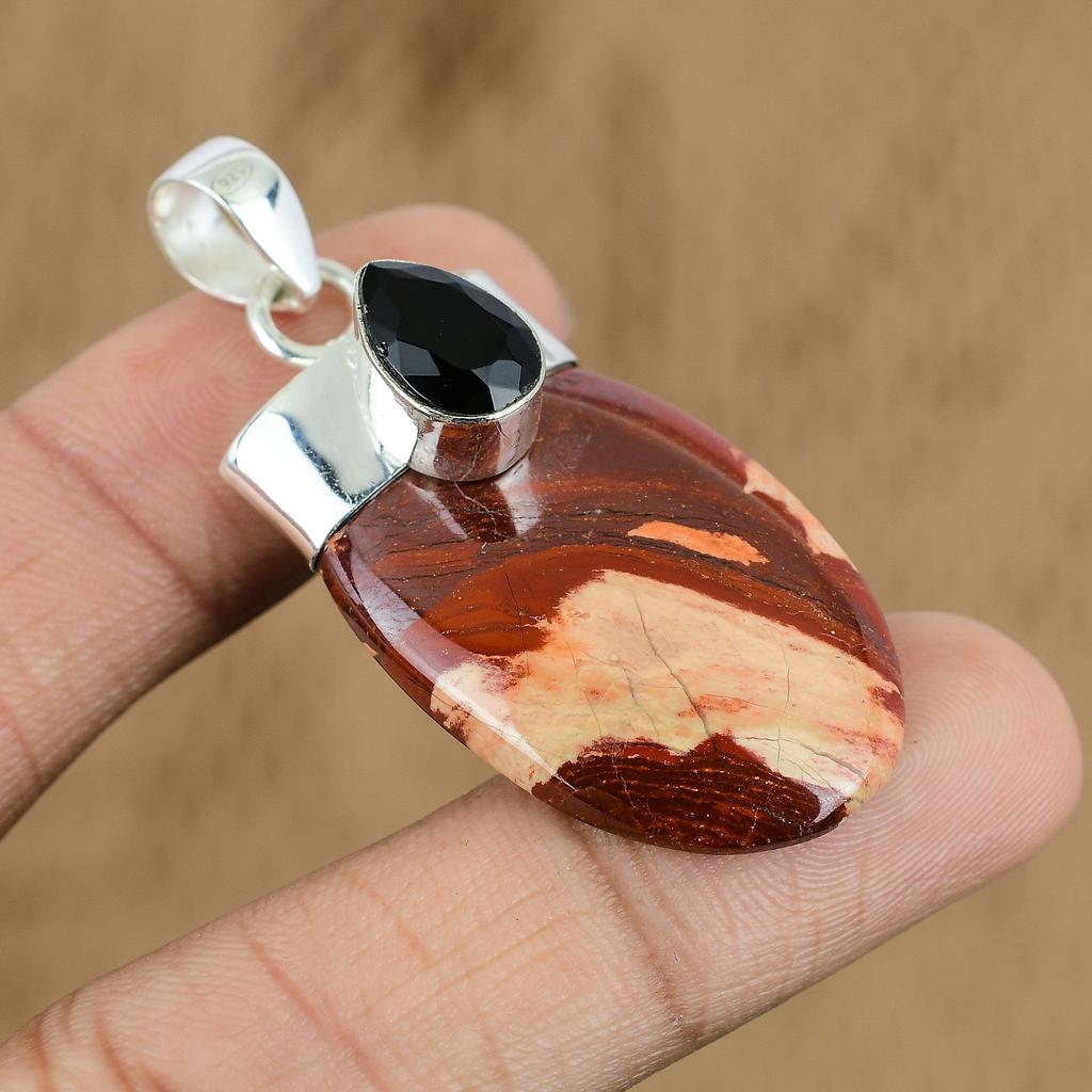 Gift For Her 925 Sterling Silver Natural Red Snakeskin Jasper Gemstone Pendant