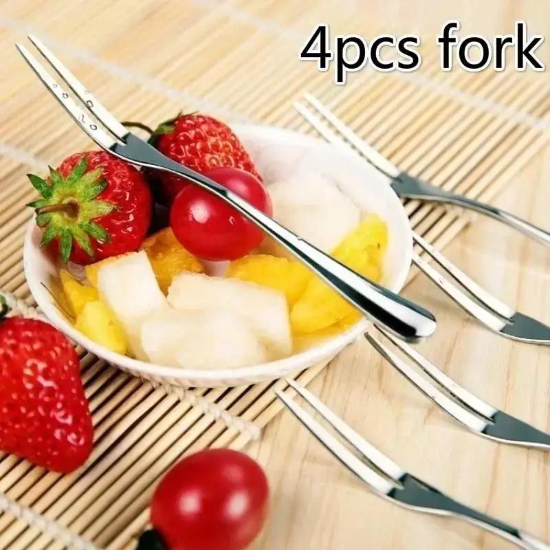 New 4 Pcs Kitchen Tools Cocktail Dessert Fork Tasting Stainless Steel Appetizer Cake Fruit Fork Food Pick Accessories Supplies