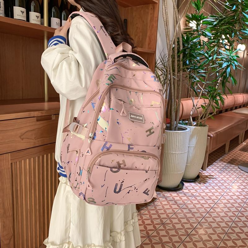 Female Large-Capacity Backpack Letter Print Students High School Schoolbag