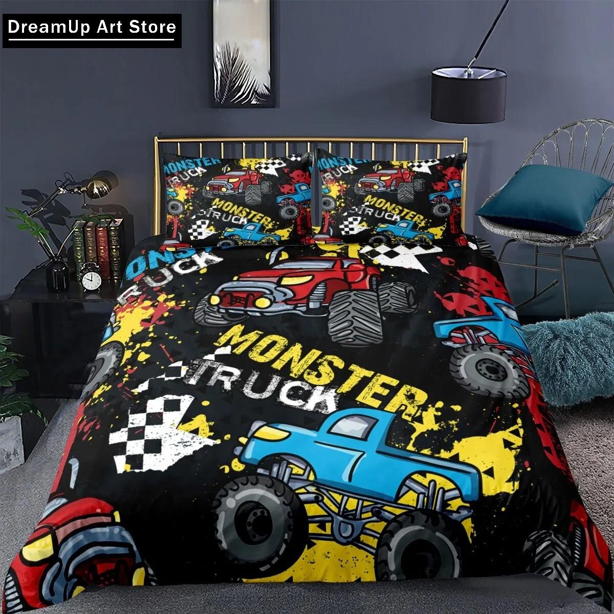 

Комплект постельного белья с 3D-принтом Monster Truck, симпатичное одеяло, покрывало с наволочкой, двуспальная кровать размера Queen King Size для мальчиков и взрослых, для дома EU Single 90x200cm