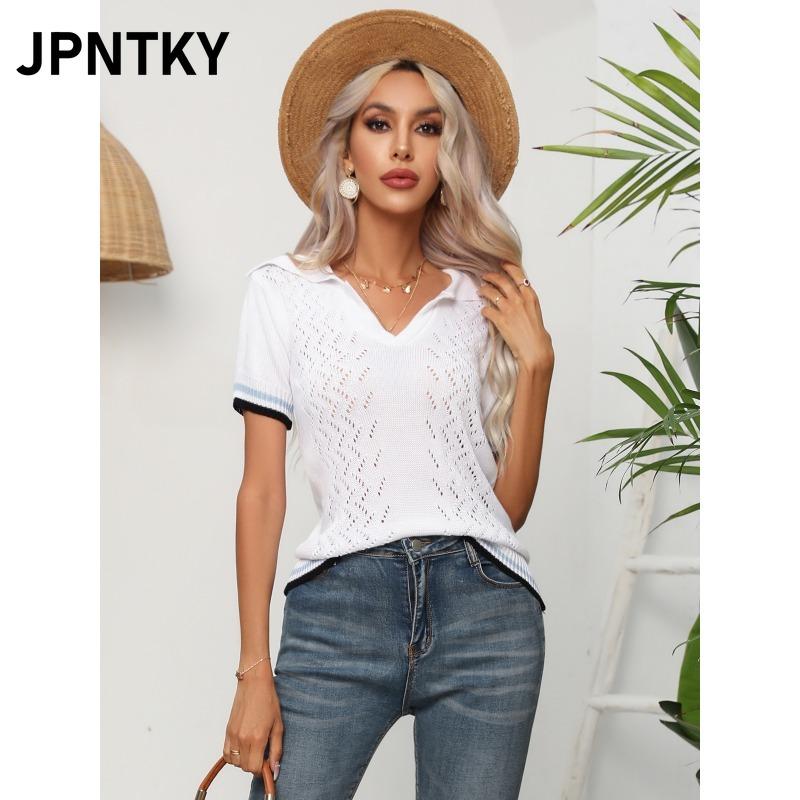 JPNTKY Women's Fashion Casual Solid Color Print Short Sleeve V-Neck Blouses & Shirts