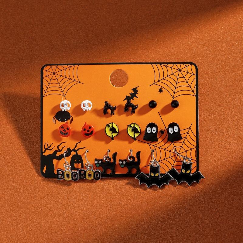 Hot Sale Halloween Stud Earrings Combination Cartoon Funny Pumpkin Head Ghost Bat Element Stud Earrings Set