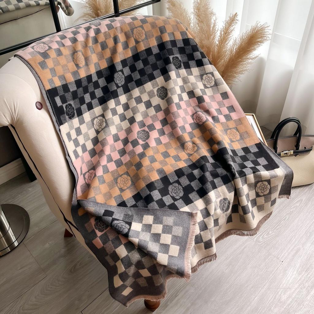 Korean Version Plaid Camellia Fashion Decoration Medium And Long Imitation Cashmere Women'S Thermal Scarf Air Conditioner Shawl