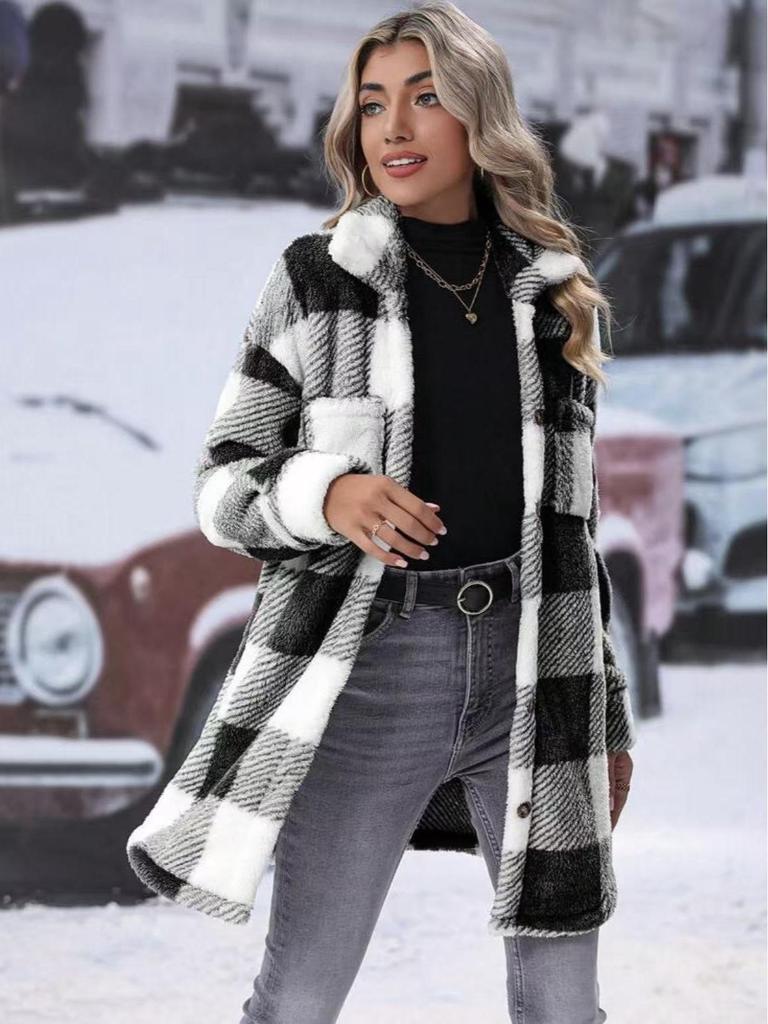 European and American Women's Plaid Wool Lapel Mid-Length Coat - Autumn/Winter Collection