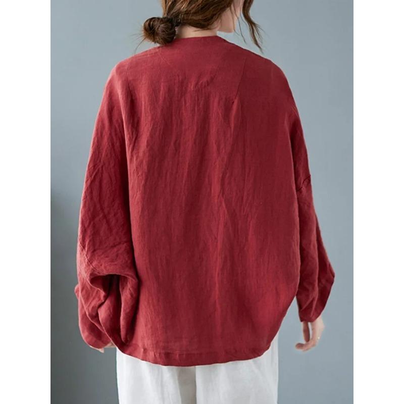 Dámské bundy s dlouhým rukávem Novinka 2025 Podzimní Vintage Styl Univerzální Volné Pohodlné Bavlna Len Dámské Běžné Kabáty B2100