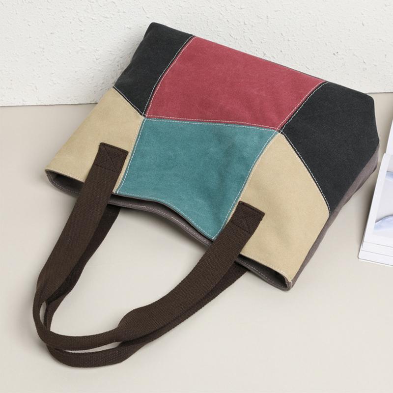 Yogodlns New Spliced Canvas Women's Shoulder Bag Large-capacity Portable Messenger Bag Casual Ethnic Style Contrasting Color Bag