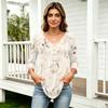 Damen 3/4 Ärmel V-Ausschnitt Knopfdetails Blumenmuster Tunika Oberteil Lässig Lockerer Schnitt Leichte Bluse