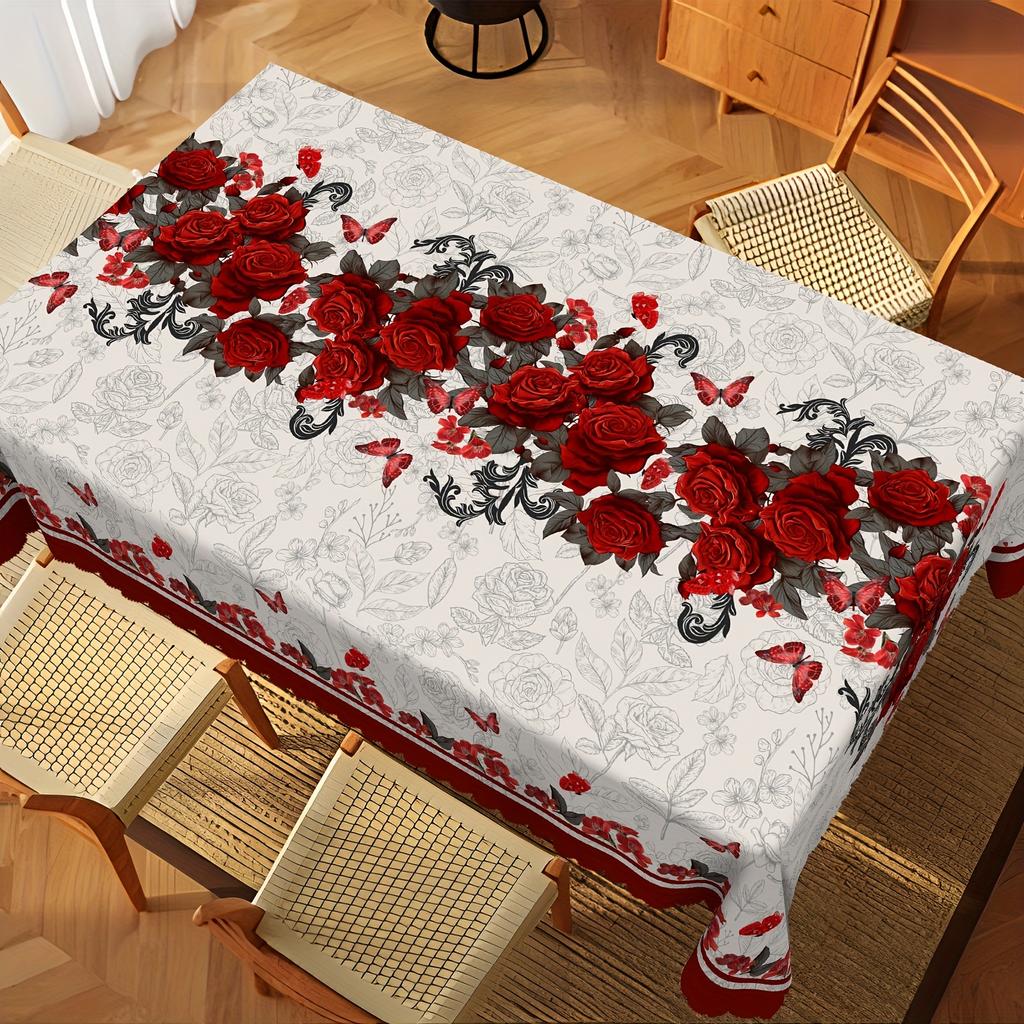 Red Rose Floral Print Tablecloth for Table Decor Elegant Flowers Butterfly Kitchen Dining Table Cloth Wedding Party Decorations