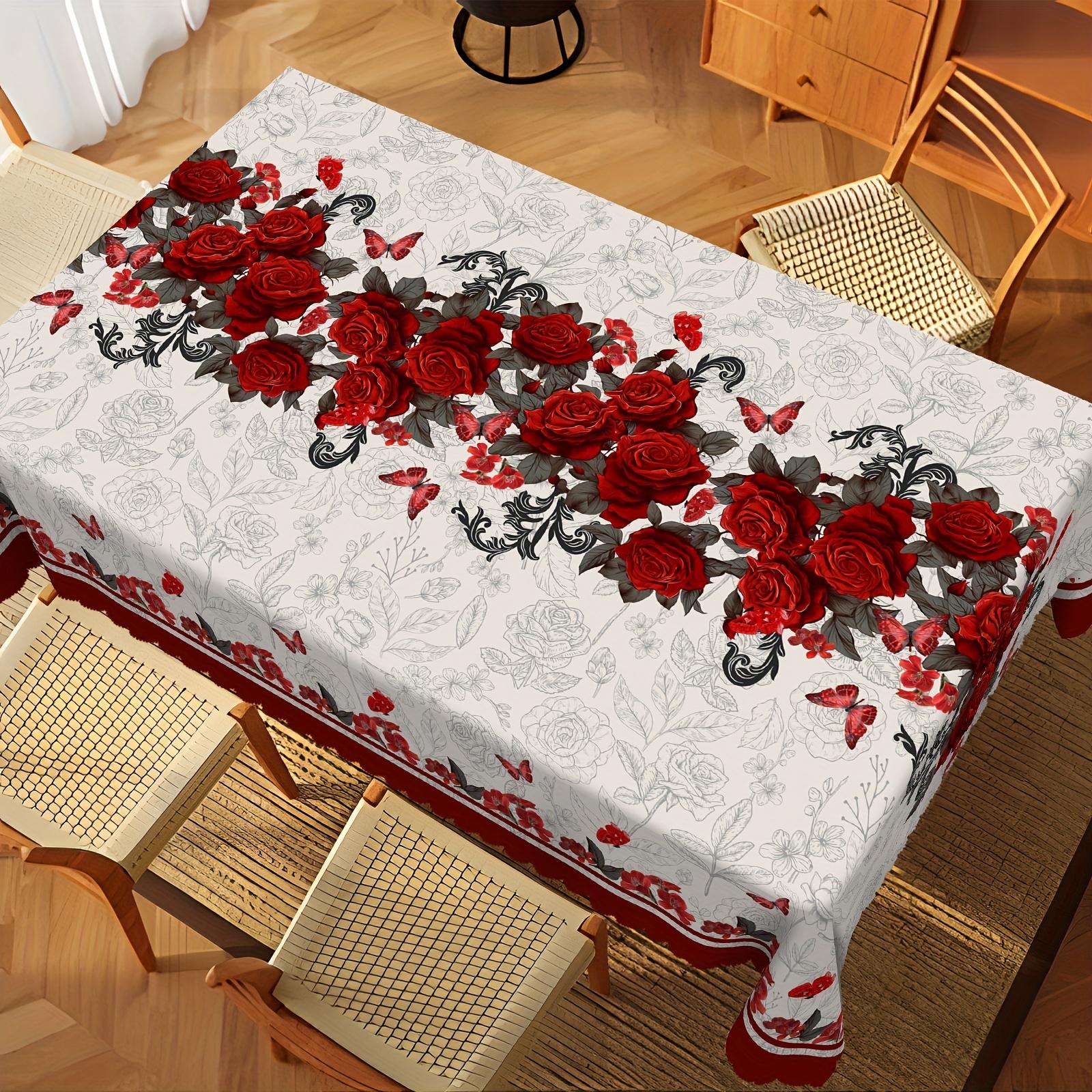 Roodrozen Bloemenprint Tafelkleed voor Tafeldecoratie Elegante Bloemen Vlinder Keuken Eettafelkleed Bruiloft Feestdecoraties 140x200cm