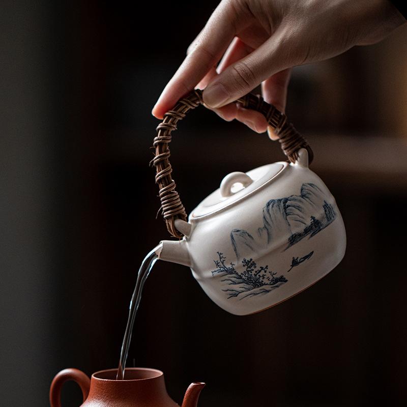 Tea Boiling Set In A Stove Candle Alcohol Stove Tea Warmer Vintage Rough Ceramic Rattan Teapot