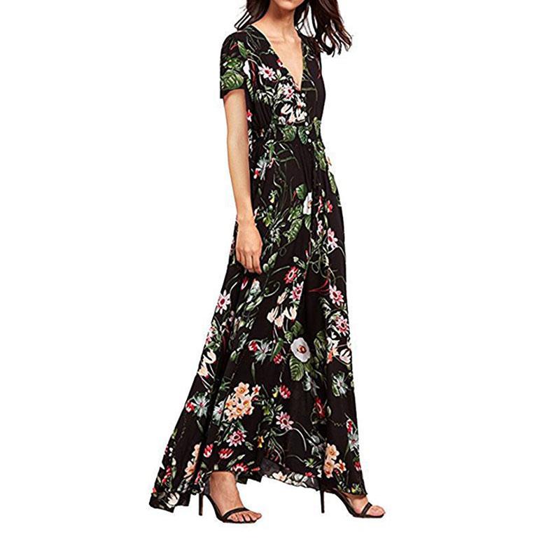 Robe longue ample à col en V et motif ethnique vintage bohème pour femme