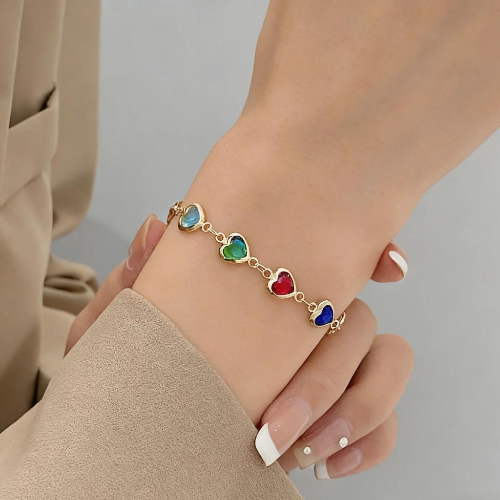 Fashion Women's Bracelet with Colorful Heart Gem Stones - Adjustable Gold Chain Jewelry for Daily Wear