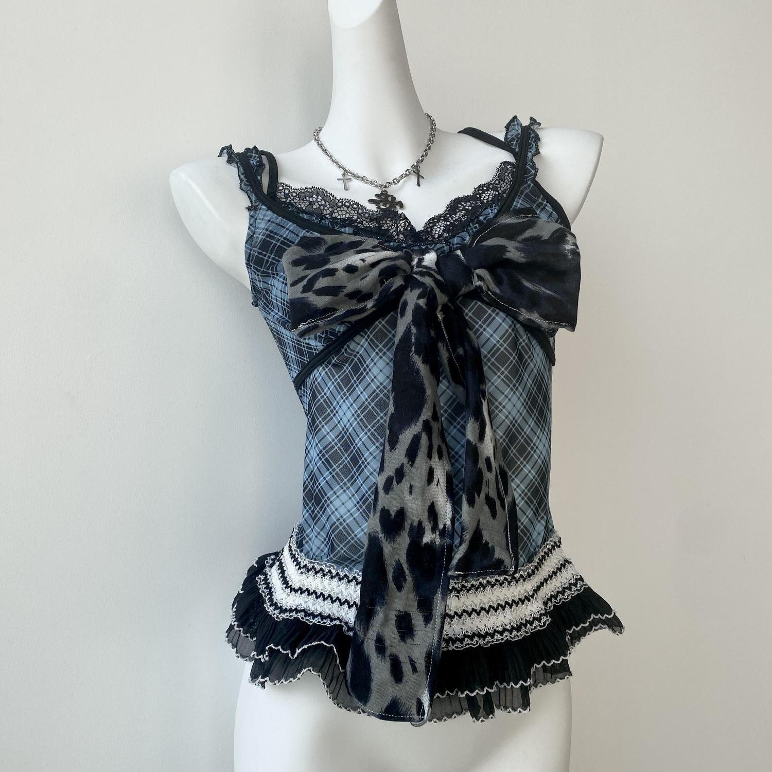 

VAYLA Crop Top Sexy Vest Women s Clothing Bandage Bow Plaid Tees Fashion Korean Camis Y2k Tops Patchwork Lace Tunic Summer Tanks One Size