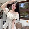 Women's Off Shoulder Short Sleeve Slim Fit Ruffle Blouse Sweet Cropped Shirt Top