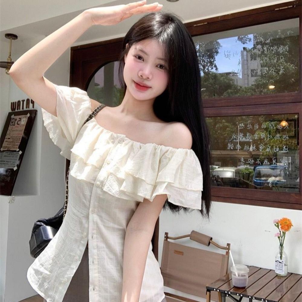 Women's Off Shoulder Short Sleeve Slim Fit Ruffle Blouse Sweet Cropped Shirt Top