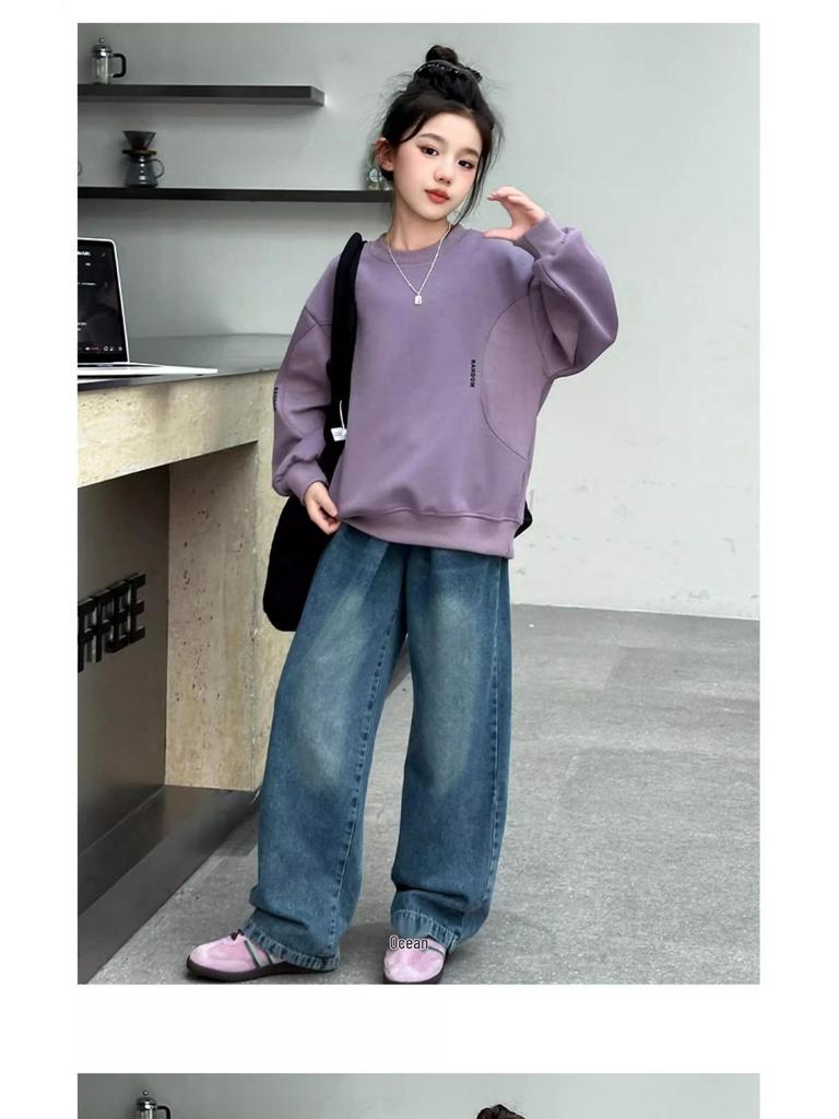 Dívčí módní volná mikina s kulatým výstřihem a dlouhým rukávem - Kolekce Podzim/Jaro 2025