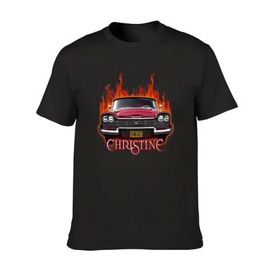 Classic Red Vintage Car Graphic T-Shirt - Black Cotton Tee with Fiery Flames Design Featuring 'CHRSTINE' License Plate and Bold Script Below -