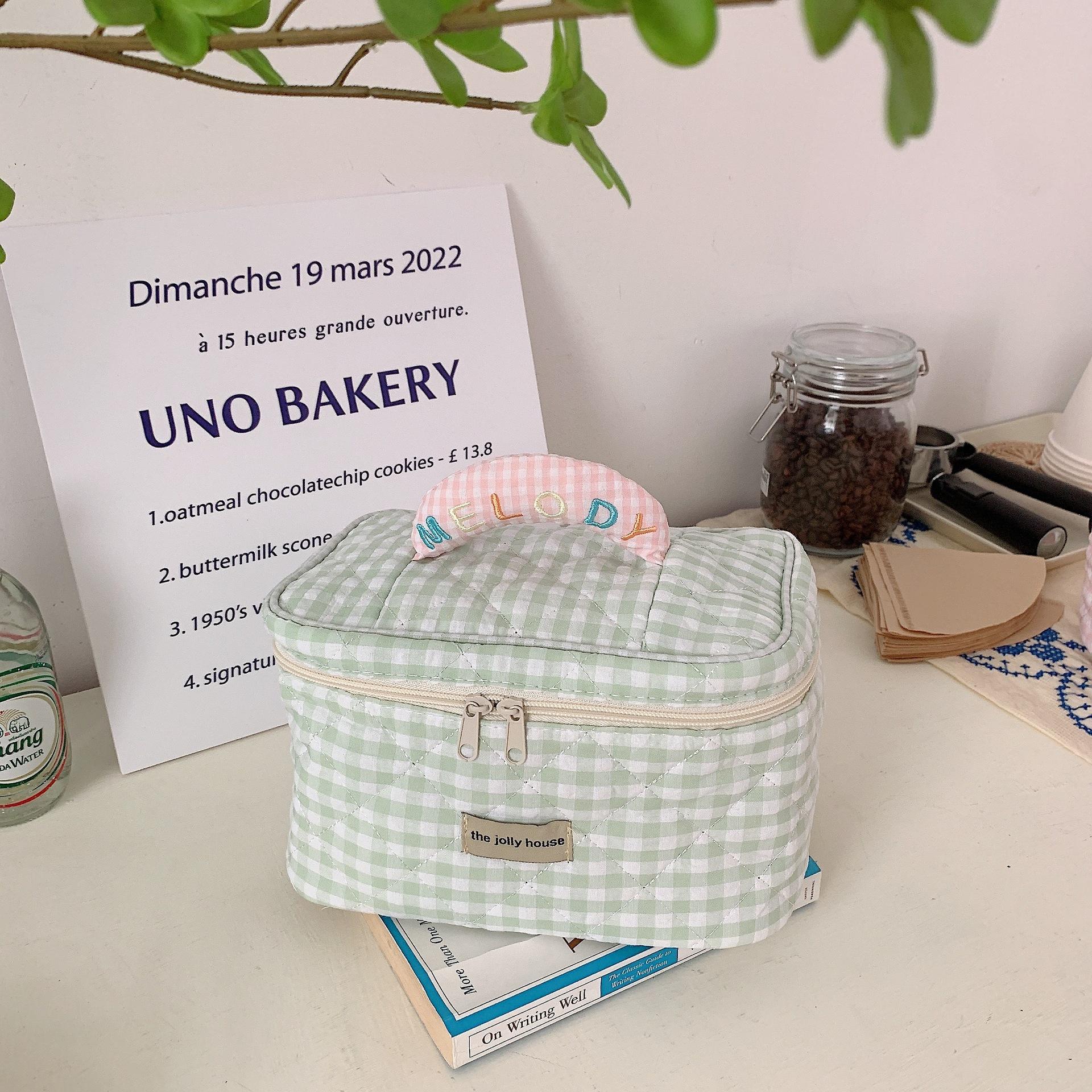 

And Sweet Ladies Fresh Macaron Grid Makeup Bag Cotton Fabric Travel Bag Toiletry StyleB