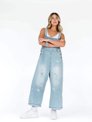 Salopette en jean rétro délavée à jambes larges et bretelles pour femmes