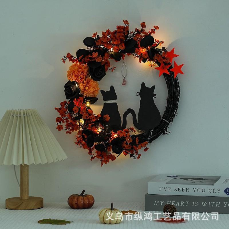 Halloween Moon Cat Wreath Decor Door Wall Hanging Couple Cats Wooden Craft Festival Party Decoration