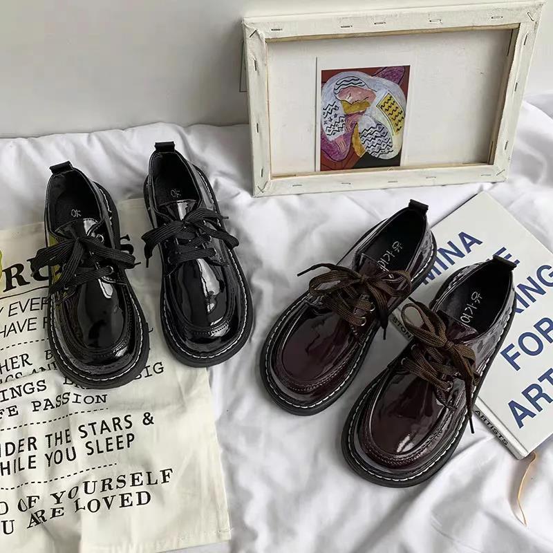 Lace-up JK Uniform Student Flat Bottom Round Head Small Leather Shoes Women's New British College Style Japanese Big Head Single Shoes