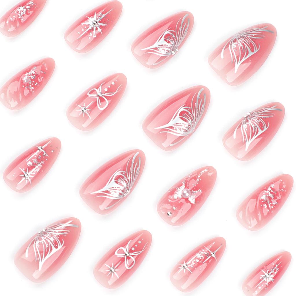 24 Pieces 3D Bow Pearl Wearing Nail Piece Blush Fake Nail Star Butterfly Wearing Nail Piece