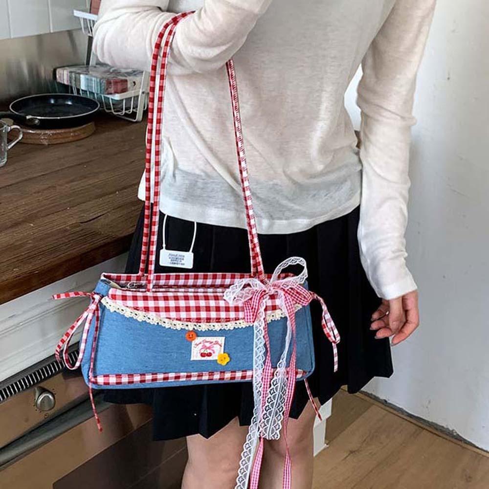 Denim Blue French Stick Handbag Sweet Cloth Underarm Bags All-match Plaid Shoulder Bag Women