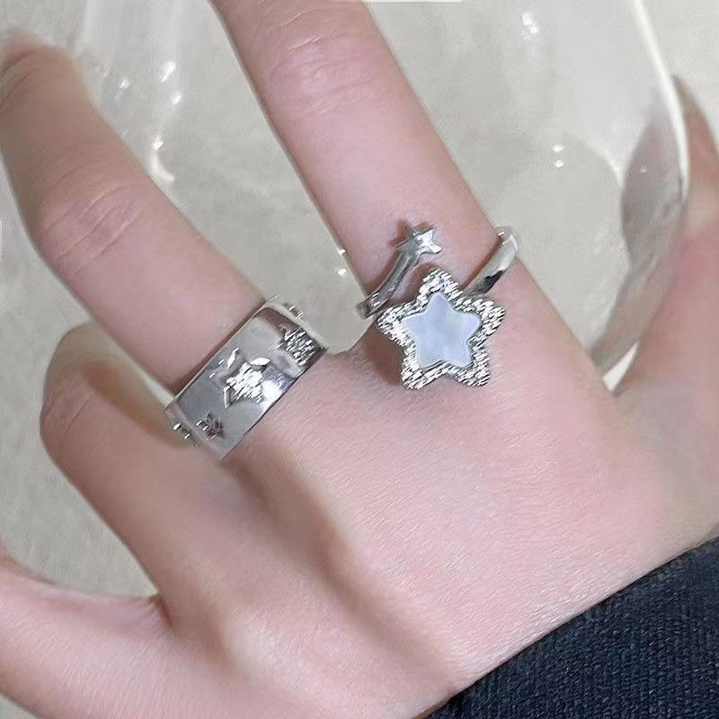 Y2K Letter Bilayer Star Open Ring for Women Girls Sweet Hollow Dropwise Glaze Pentagram Lucky Finger Accessories Fashion Jewelry