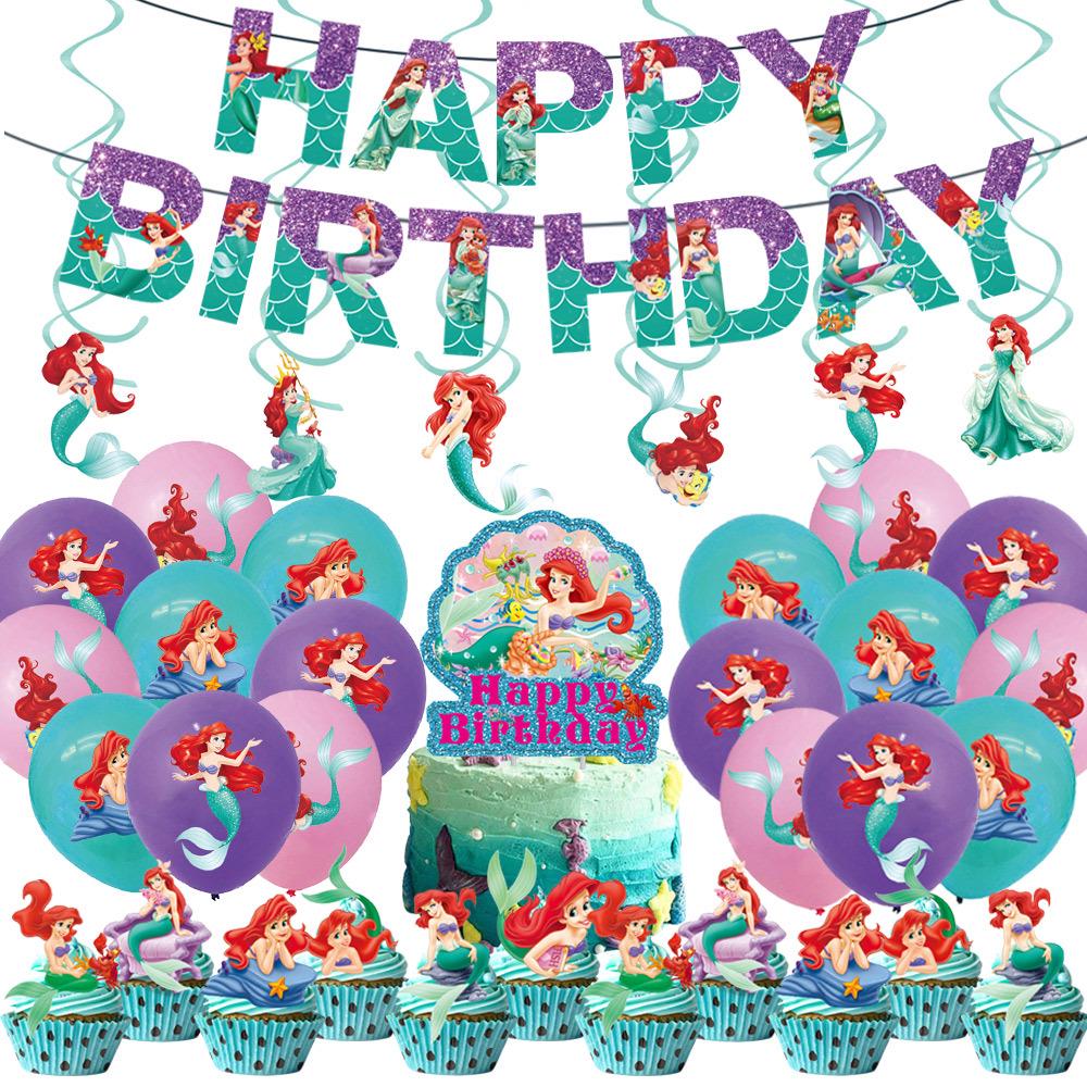 Ariel-Themed Birthday Decorations: Banner, Cake Toppers, Balloons & Swirl Supplies