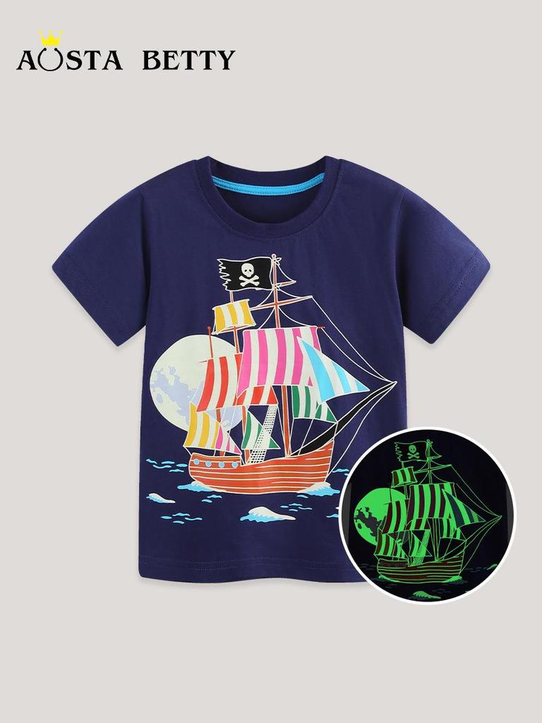 Dziecięca Bawełniana Koszulka z Luminous Printem w Stylu Europejskim - Krótki Rękaw, Okrągły Dekolt dla Małych i Średnich Rozmiarów