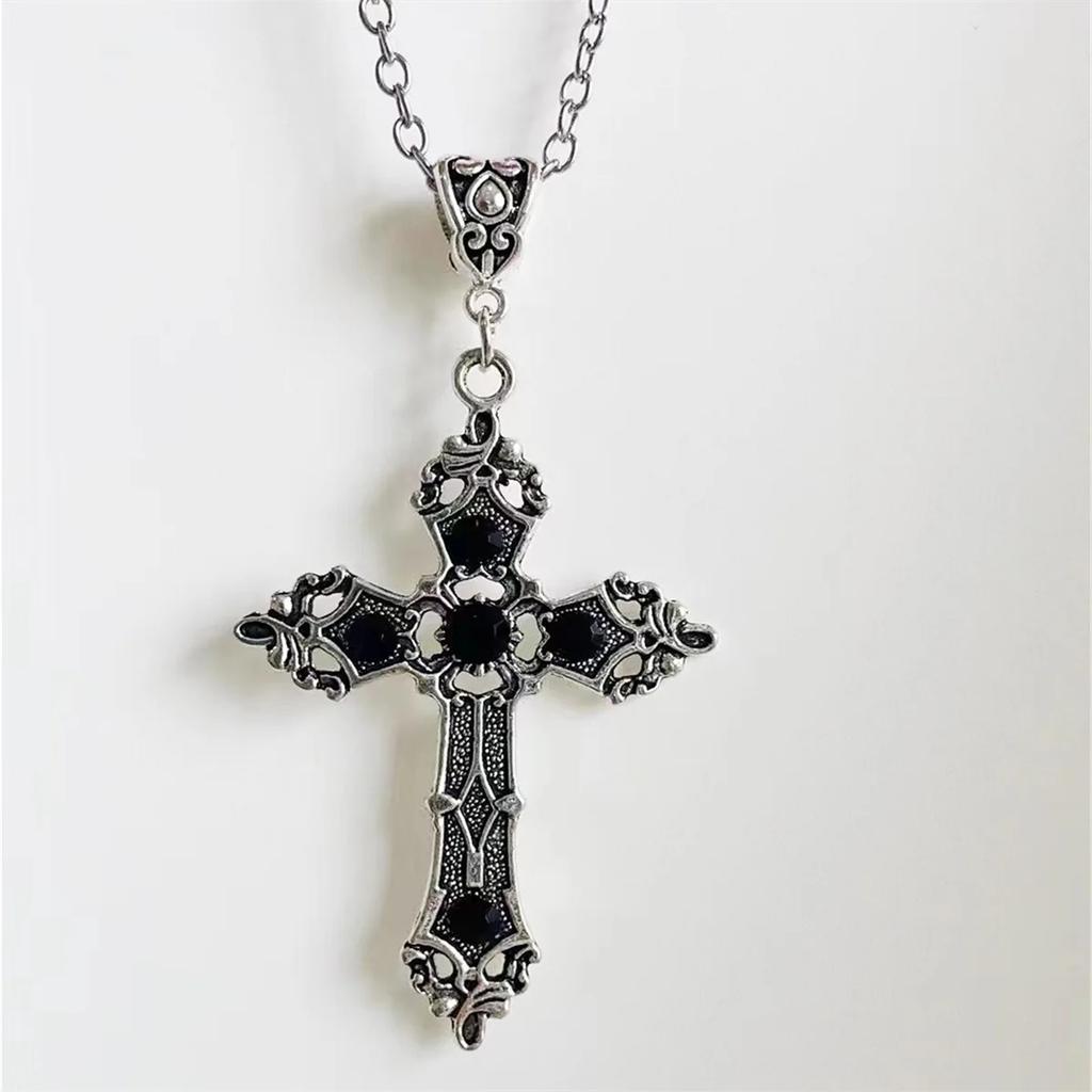 European and American retro simple fashion gothic black gem ruby cross pendant men's women's necklace