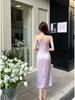 Elegant Summer French Satin Cowl Neck Spaghetti Strap Dress with Beaded Slit