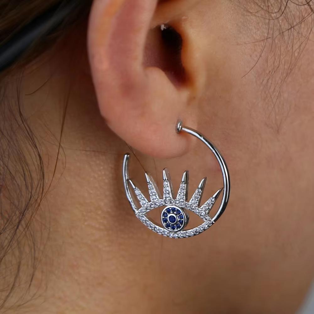 Promotion Big Eyes Blue Eyeball Fine Jewelry Mini Bling CZ Paved Bling Bling Eyelash Big Hoop Earring for Women Party Gift