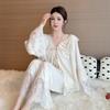 New Ice Silk Pajamas Women's Spring and Summer High-end French Court Style Lace Splicing Set, Thin Long-sleeved Loungewear
