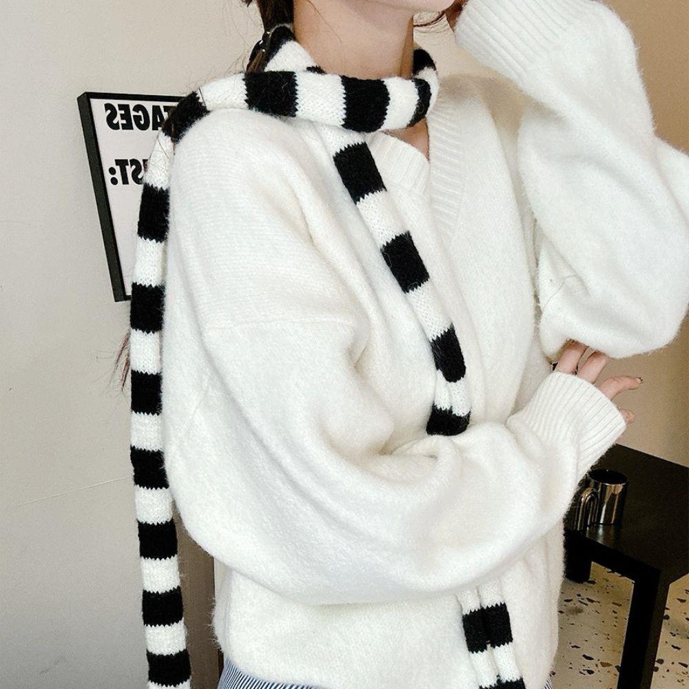 Gestreifter Schal Lange Krawattenschal Damen Baumwollschals Dünner und schmaler Schal Harajuku Gestreifte Strickschals Mädchen Halswärmer Neu