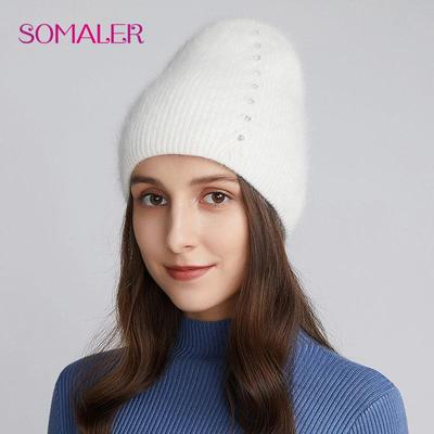 Kadınlar İçin Kışlık Angora Yün Örgü Şapkalar Dekorasyonlu Tavşan Kürklü Bere Outdoor Kayak Şapkası
